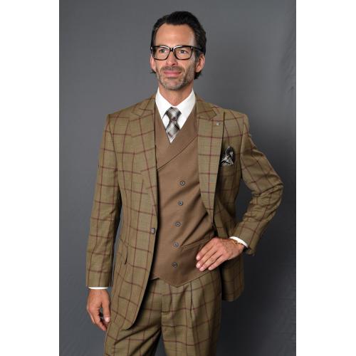 Statement "Amalfi" Bronze / Taupe / Wine Windowpane Super 150's Wool Vested Wide Leg Suit